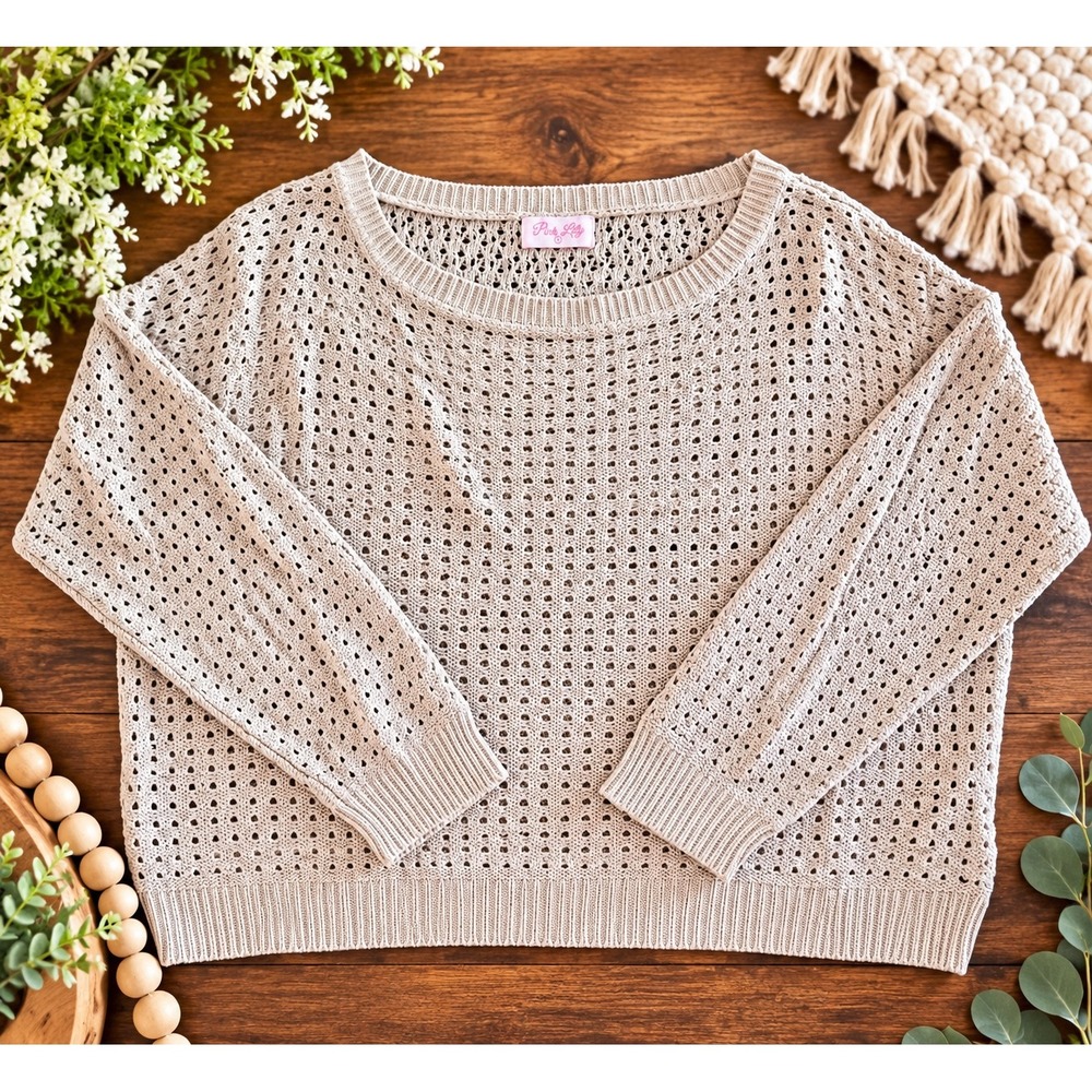 Pink Lily Tan Beige Open Knit Crochet Sweater HL073121P28 Small
